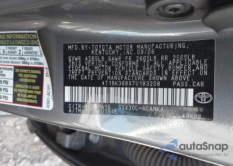 2007 Toyota Avalon Xl из США, поврежденный, VIN 4T1BK36BX7U183208